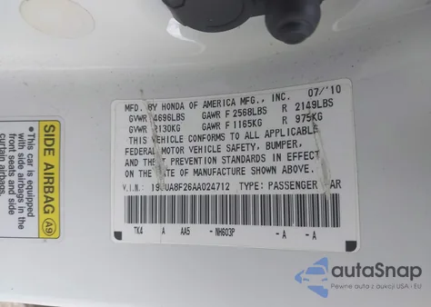 2010 Acura Tl 3.5 z USA, uszkodzony, nr VIN 19UUA8F26AA024712